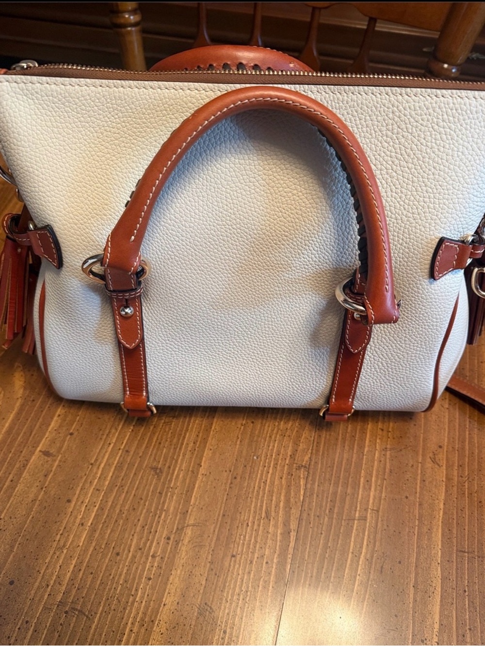 Dooney & Bourke Cream Pebbled Leather Satchel with Tan Trim - Picture 5 of 9
